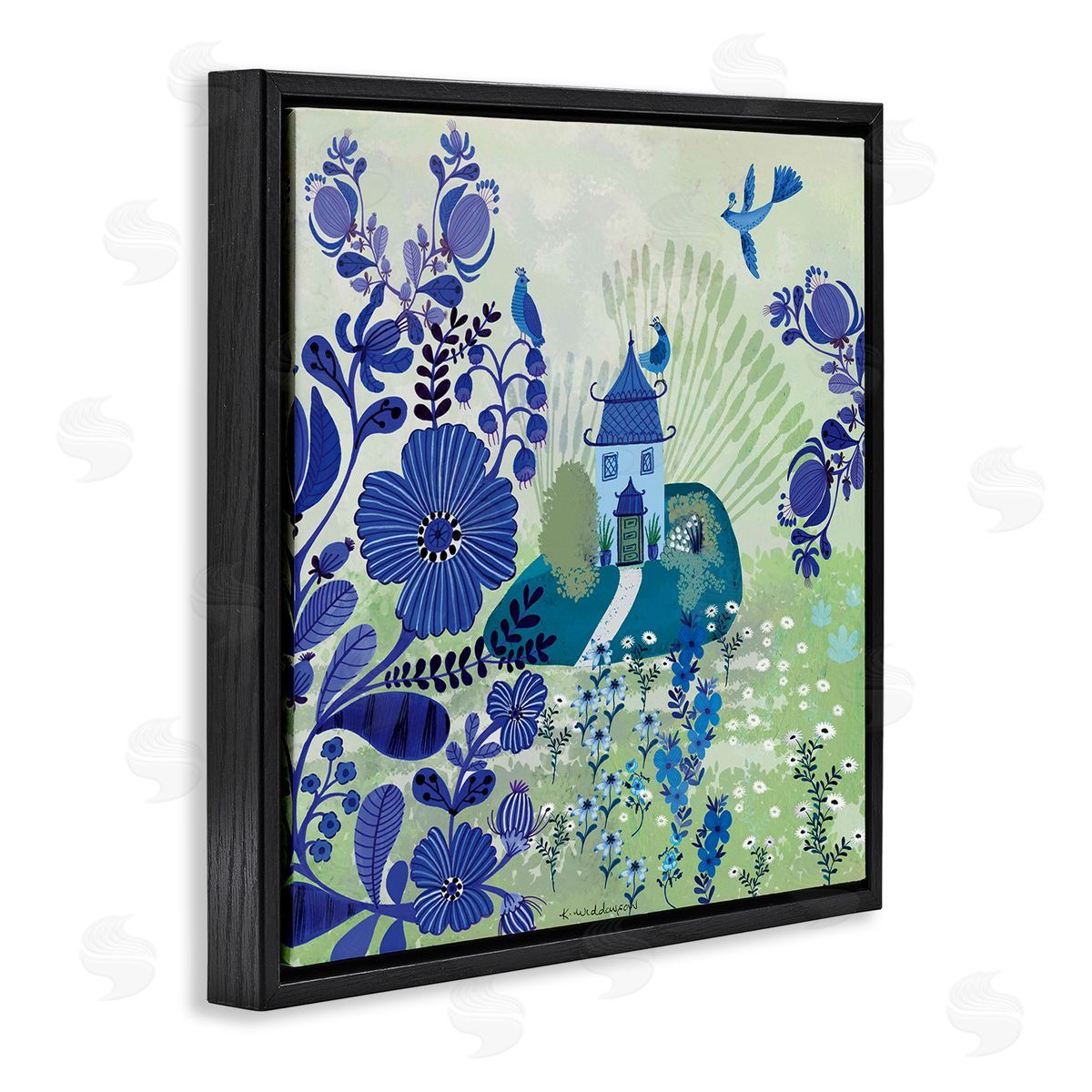 Whimsical Blue Garden Black Floating Frame Canvas Wall Art, Home Decor by Kay Widdowson