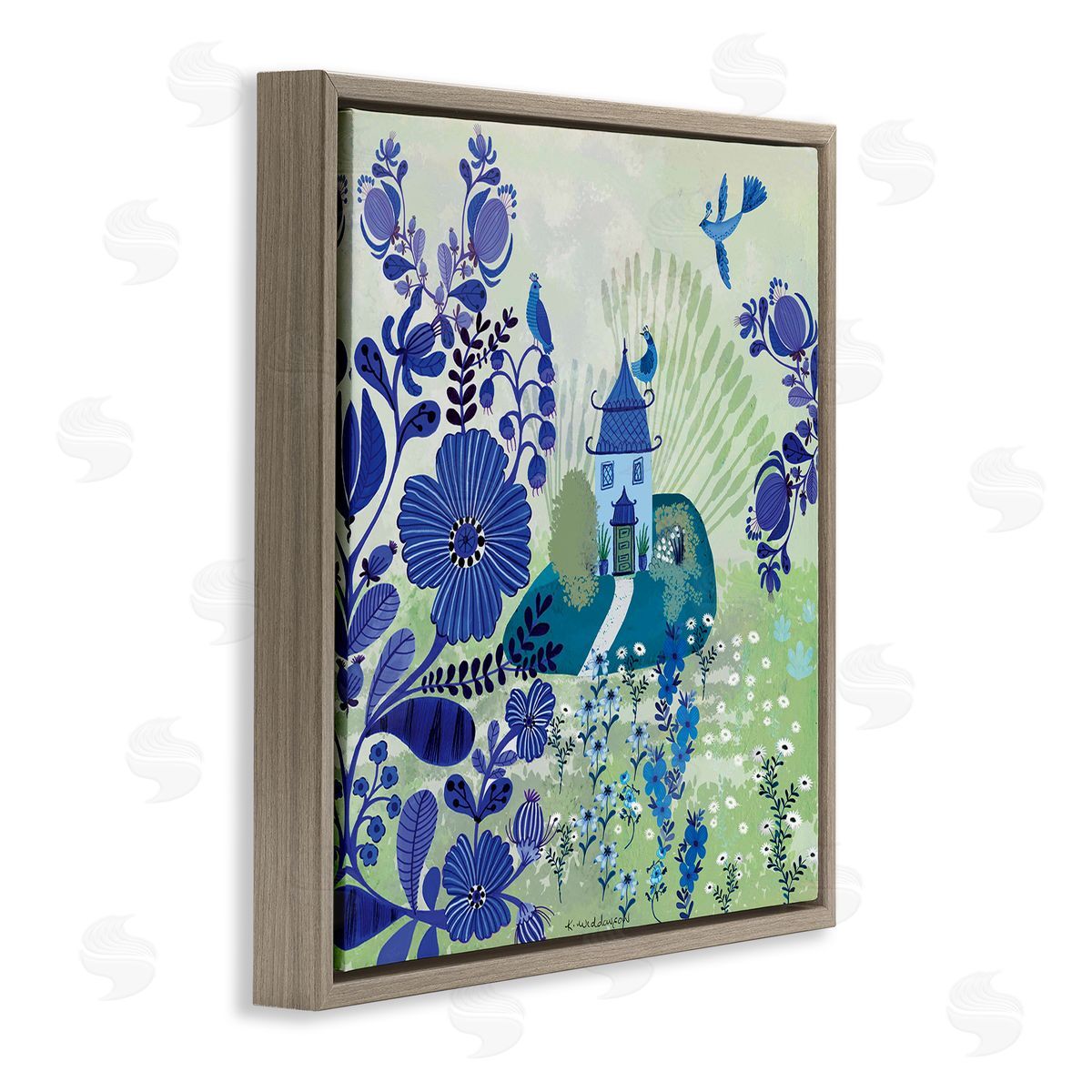 Whimsical Blue Garden Brown Floating Frame Canvas Wall Art, Home Decor by Kay Widdowson