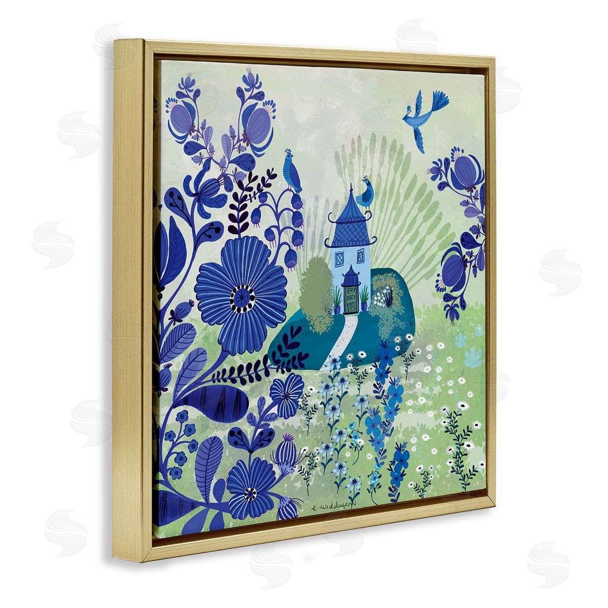 Whimsical Blue Garden Gold Floating Frame Canvas Wall Art, Home Decor by Kay Widdowson