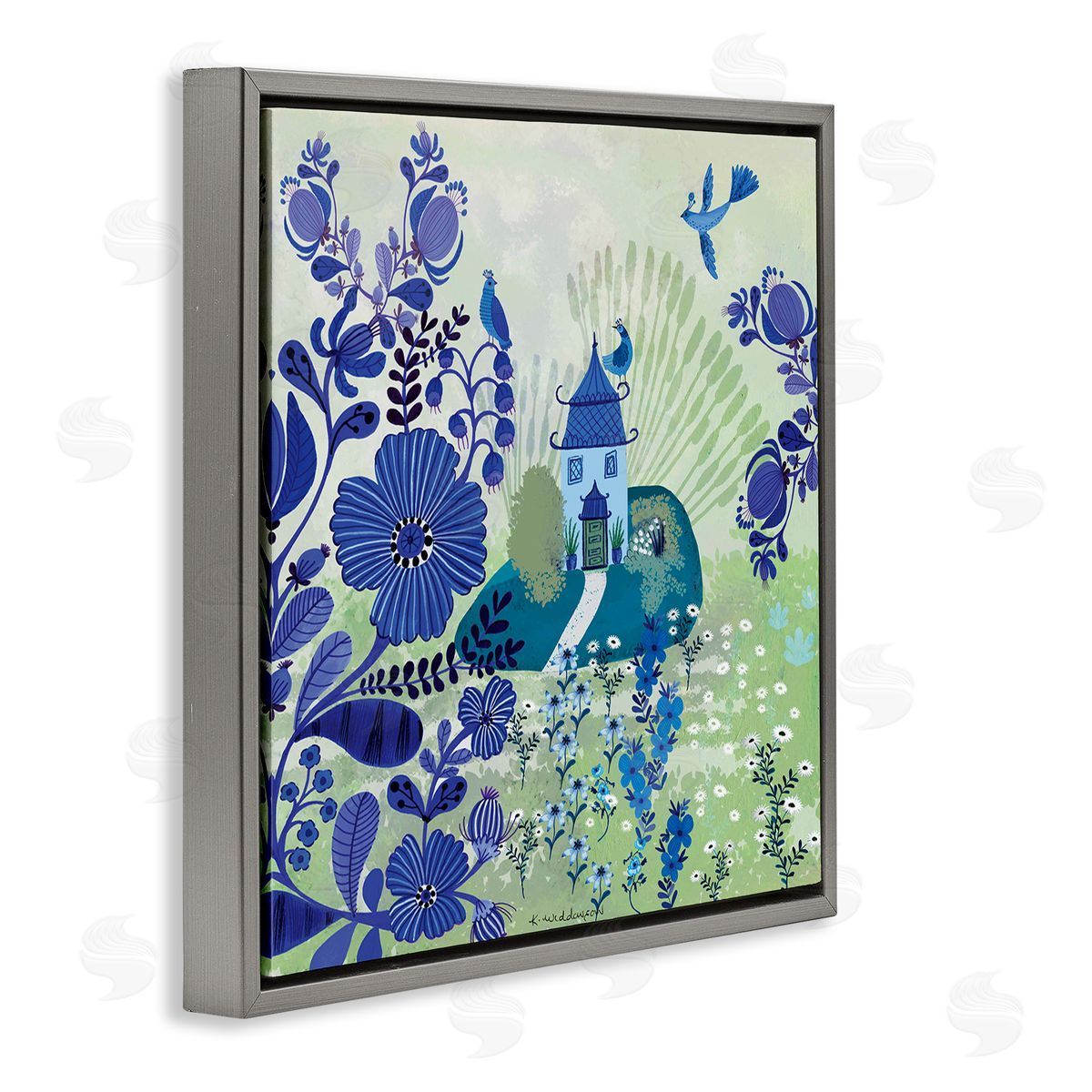 Whimsical Blue Garden Grey Floating Frame Canvas Wall Art, Home Decor by Kay Widdowson
