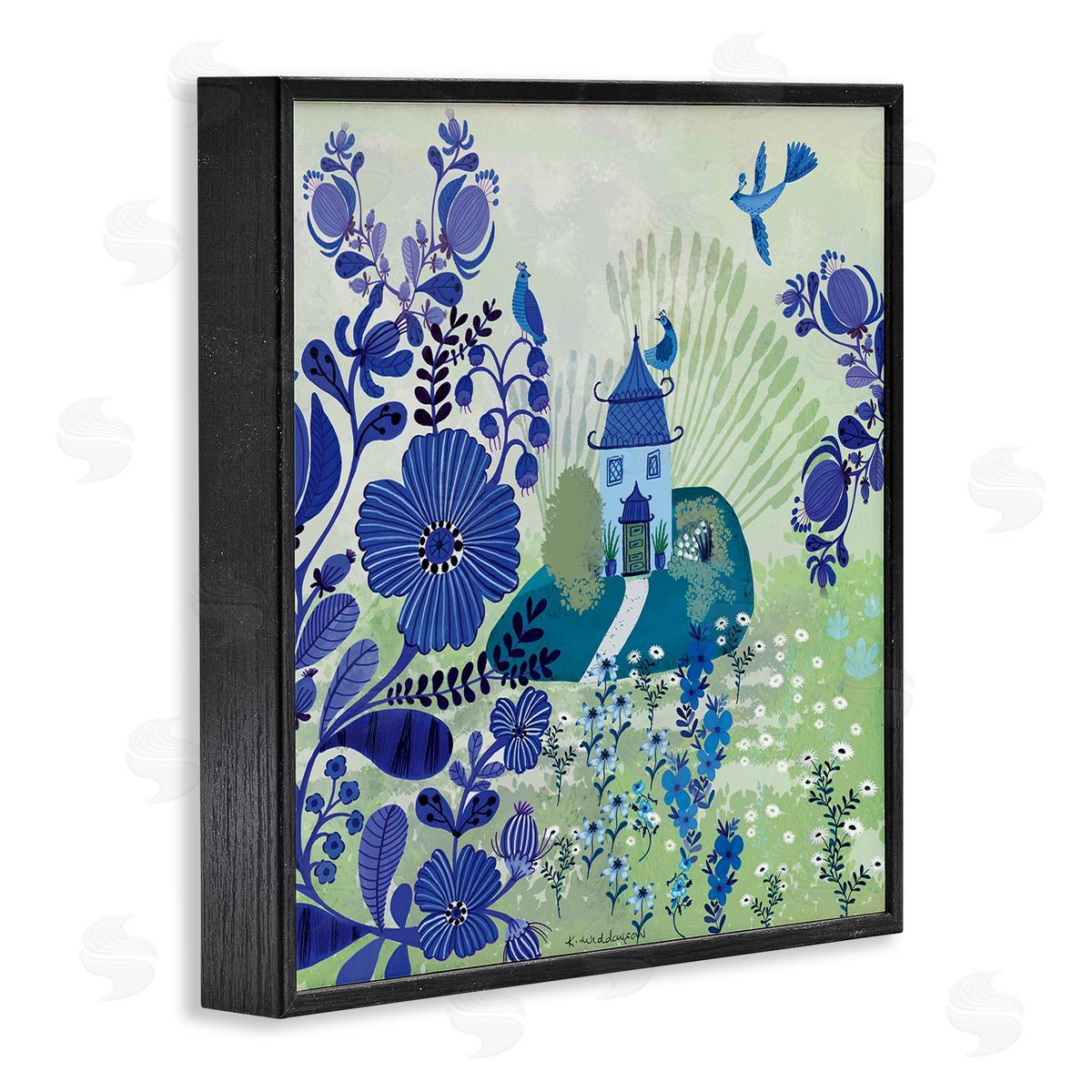 Whimsical Blue Garden Black Frame Print Wall Art, Home Decor by Kay Widdowson