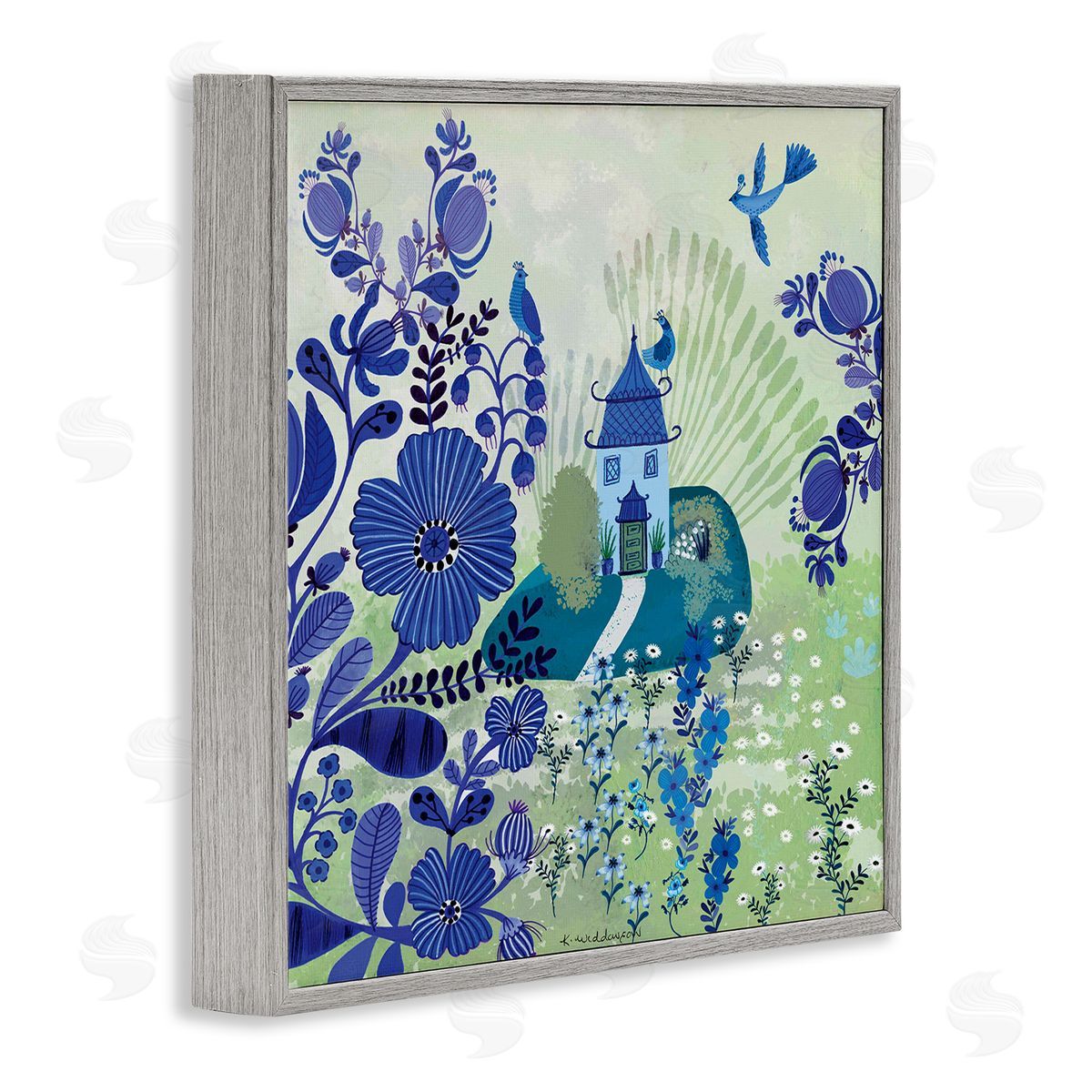 Whimsical Blue Garden Grey Frame Print Wall Art, Home Decor by Kay Widdowson