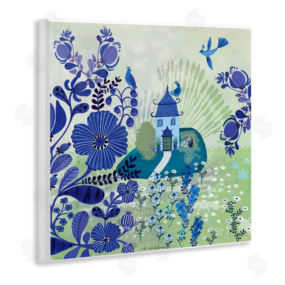 Whimsical Blue Garden Wood Plaque Wall Art, Home Decor by Kay Widdowson