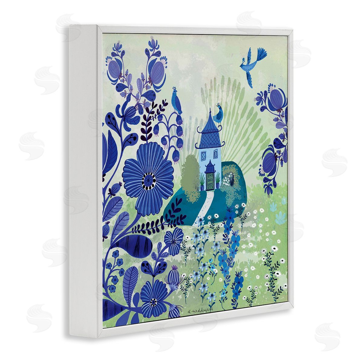 Whimsical Blue Garden White Frame Print Wall Art, Home Decor by Kay Widdowson