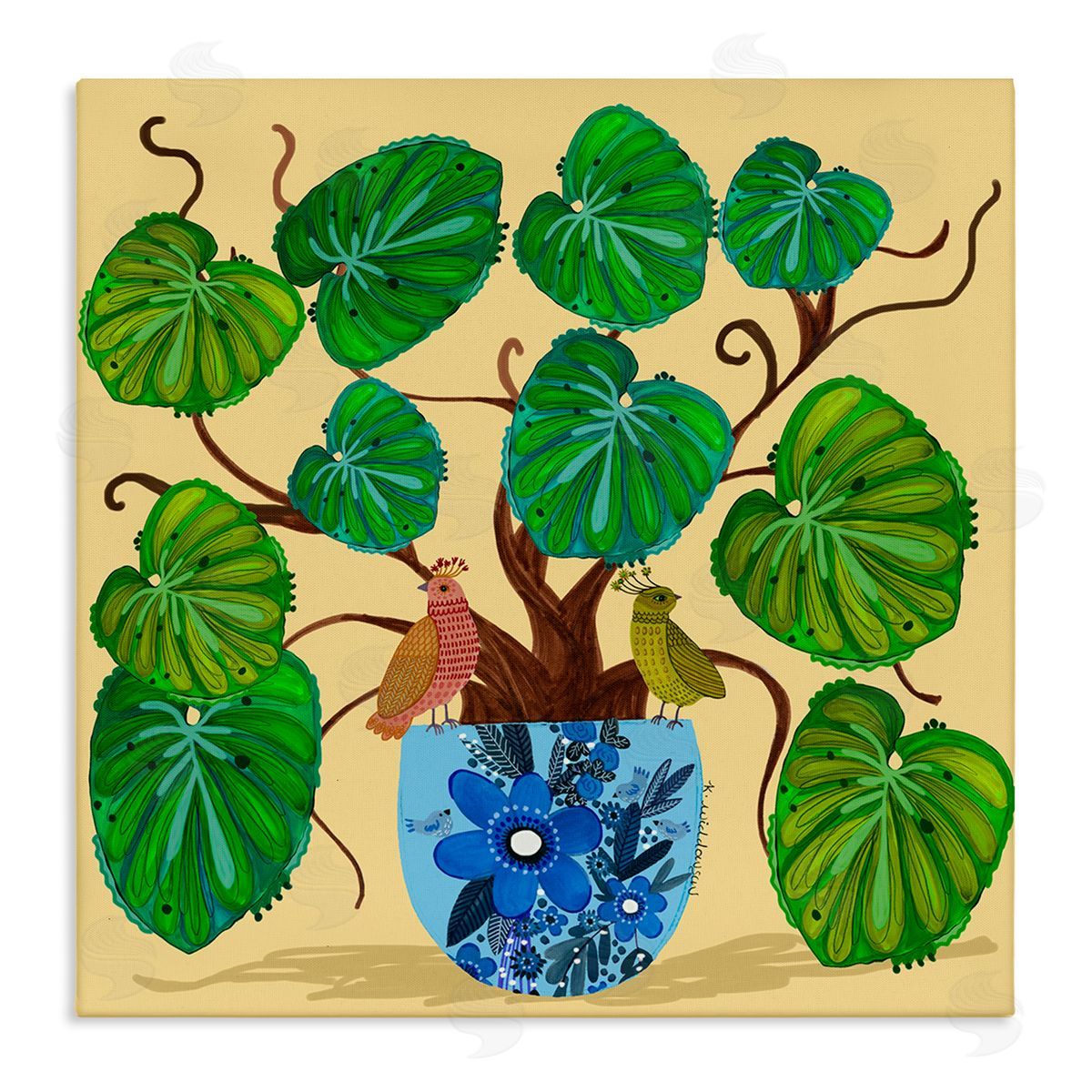 Potted Plant & Birds Perched Canvas Wall Art, Home Decor by Kay Widdowson