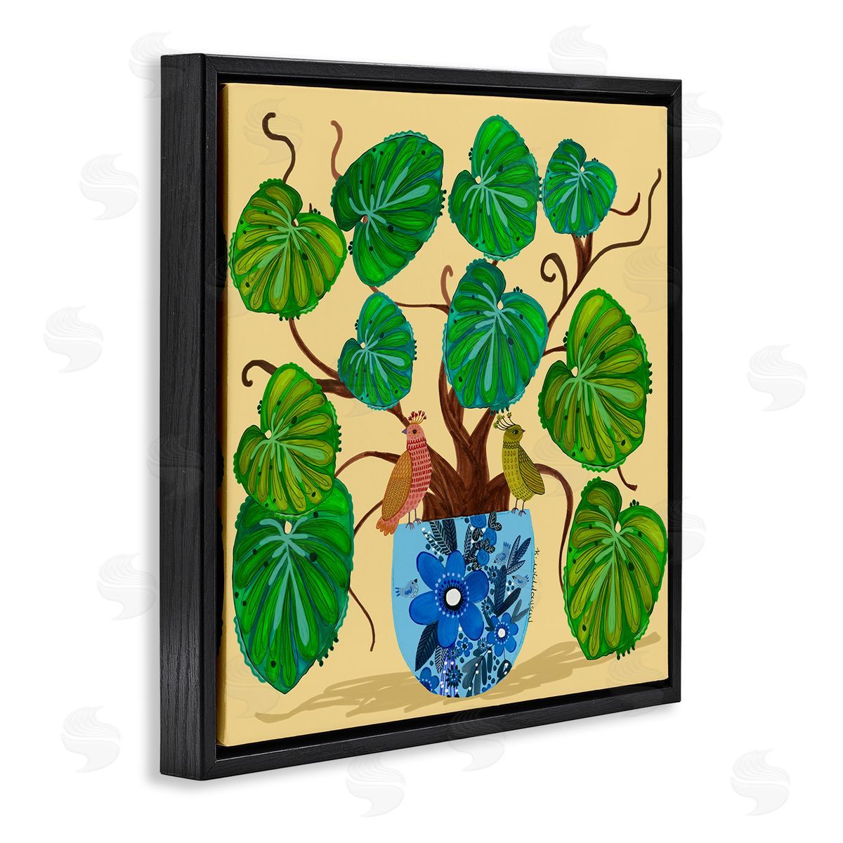 Potted Plant & Birds Perched Black Floating Frame Canvas Wall Art, Home Decor by Kay Widdowson