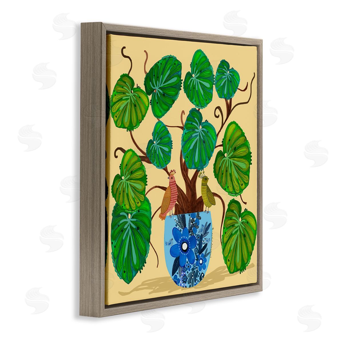 Potted Plant & Birds Perched Brown Floating Frame Canvas Wall Art, Home Decor by Kay Widdowson