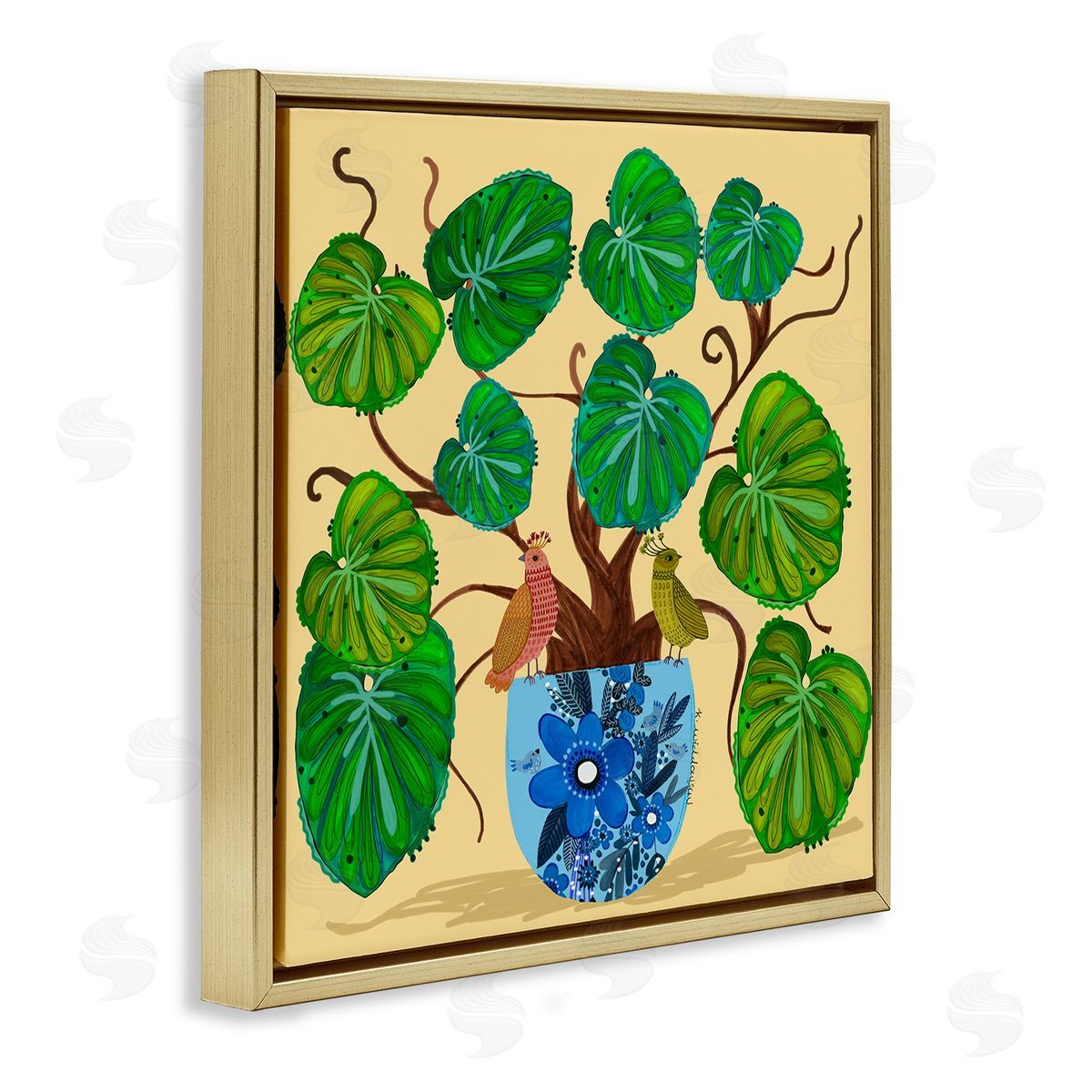 Potted Plant & Birds Perched Gold Floating Frame Canvas Wall Art, Home Decor by Kay Widdowson