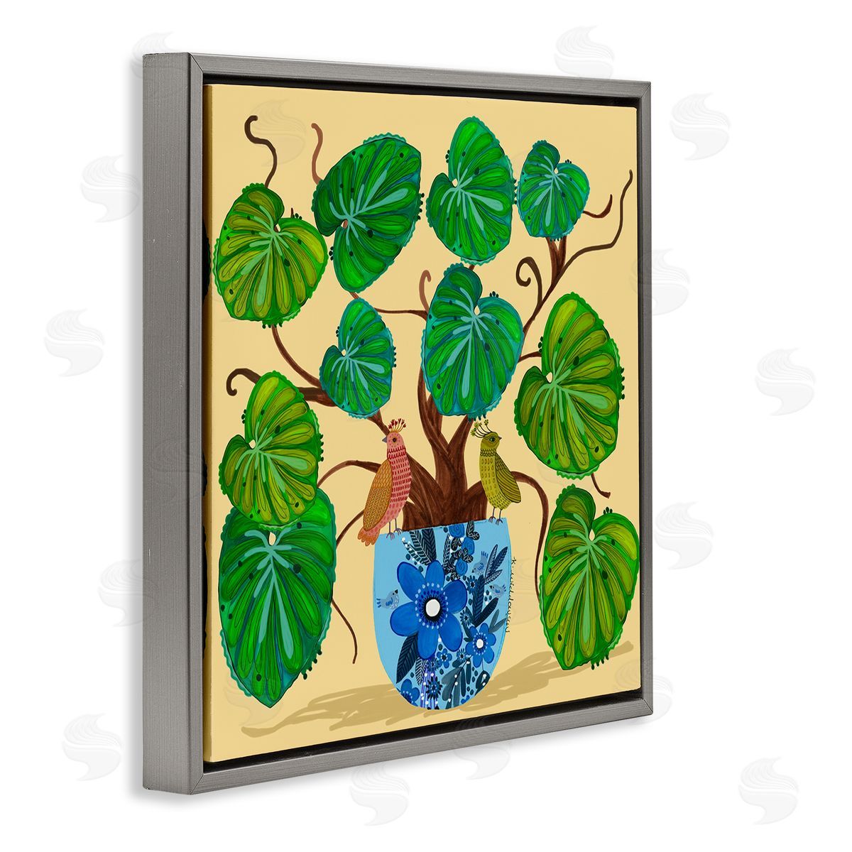 Potted Plant & Birds Perched Grey Floating Frame Canvas Wall Art, Home Decor by Kay Widdowson