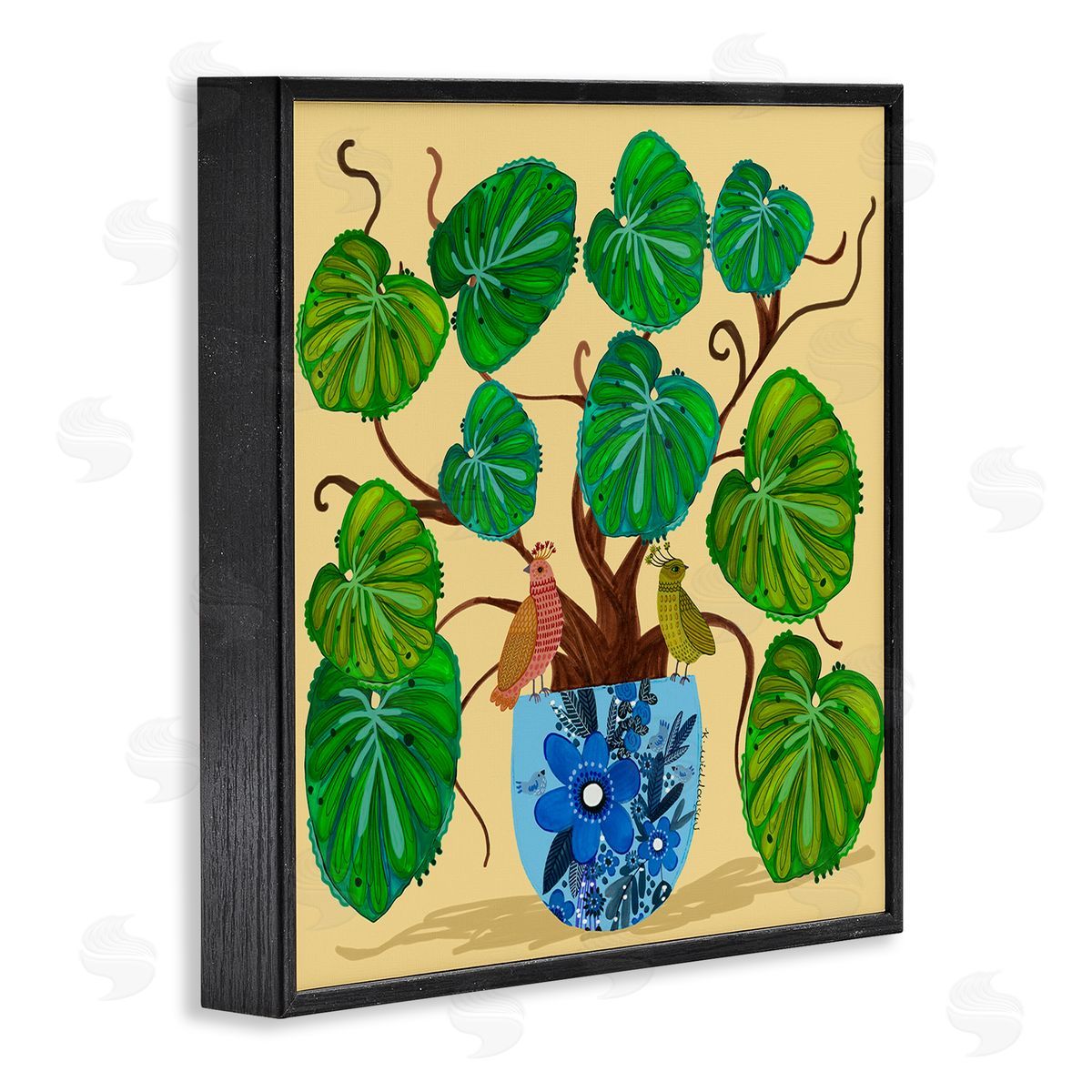 Potted Plant & Birds Perched Black Frame Print Wall Art, Home Decor by Kay Widdowson