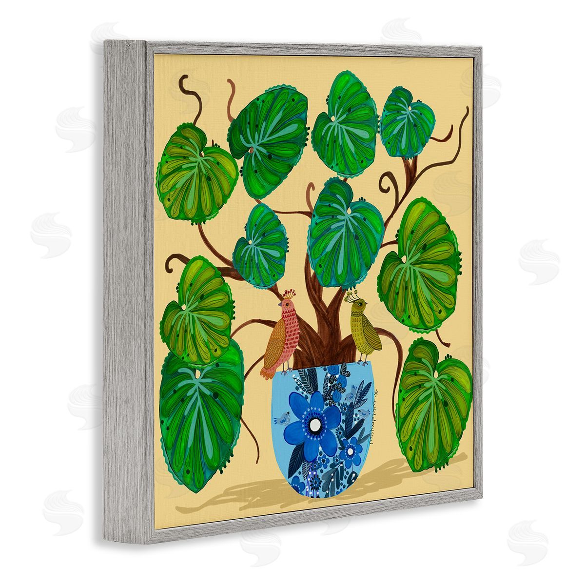 Potted Plant & Birds Perched Grey Frame Print Wall Art, Home Decor by Kay Widdowson