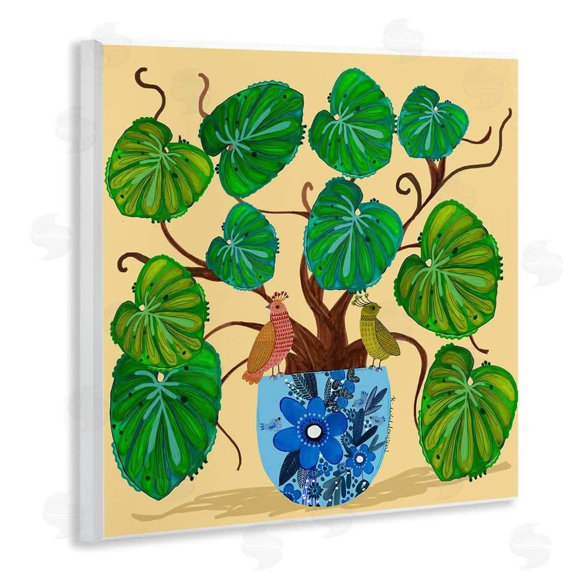 Potted Plant & Birds Perched Wood Plaque Wall Art, Home Decor by Kay Widdowson