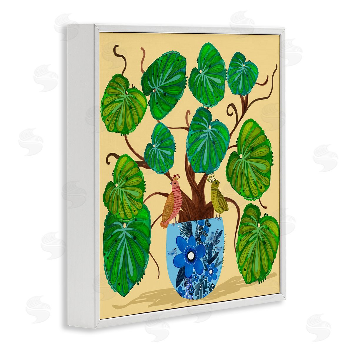 Potted Plant & Birds Perched White Frame Print Wall Art, Home Decor by Kay Widdowson
