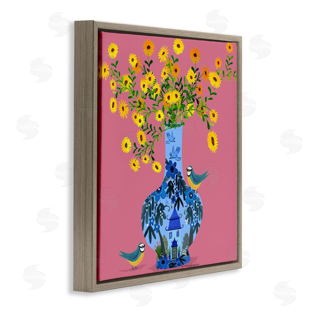 Ornate Vase with Daisies Brown Floating Frame Canvas Wall Art, Home Decor by Kay Widdowson