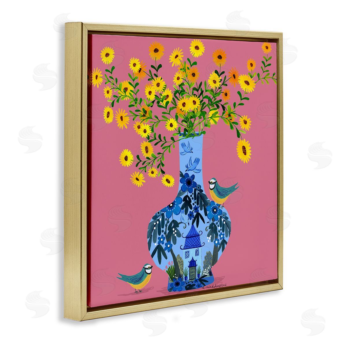 Ornate Vase with Daisies Gold Floating Frame Canvas Wall Art, Home Decor by Kay Widdowson