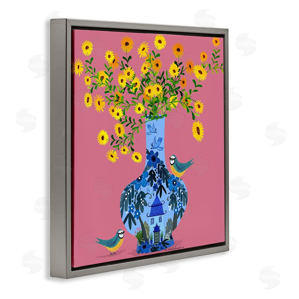 Ornate Vase with Daisies Grey Floating Frame Canvas Wall Art, Home Decor by Kay Widdowson