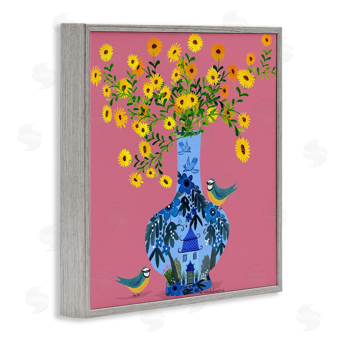 Ornate Vase with Daisies Grey Frame Print Wall Art, Home Decor by Kay Widdowson