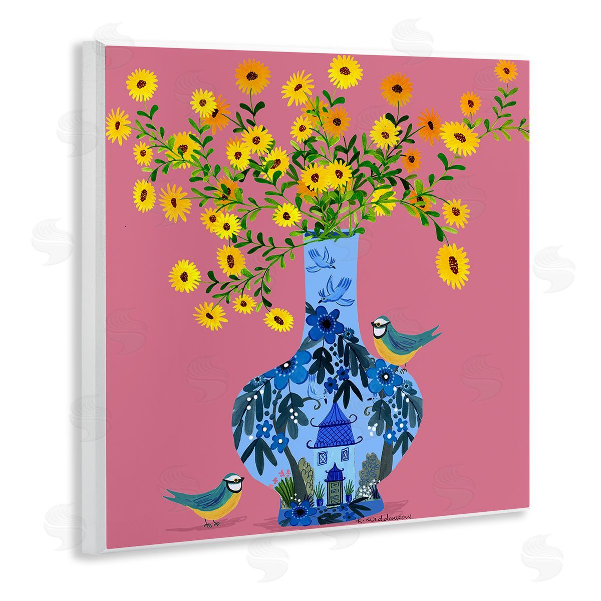 Ornate Vase with Daisies Wood Plaque Wall Art, Home Decor by Kay Widdowson