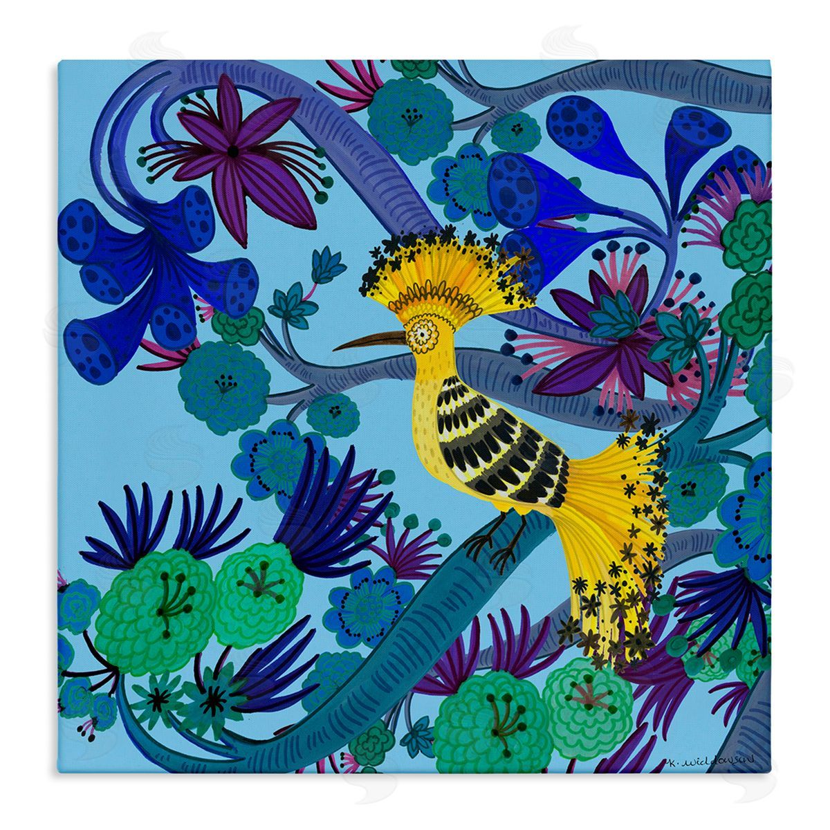 Whimsical Yellow Bird & Flowers Canvas Wall Art, Home Decor by Kay Widdowson