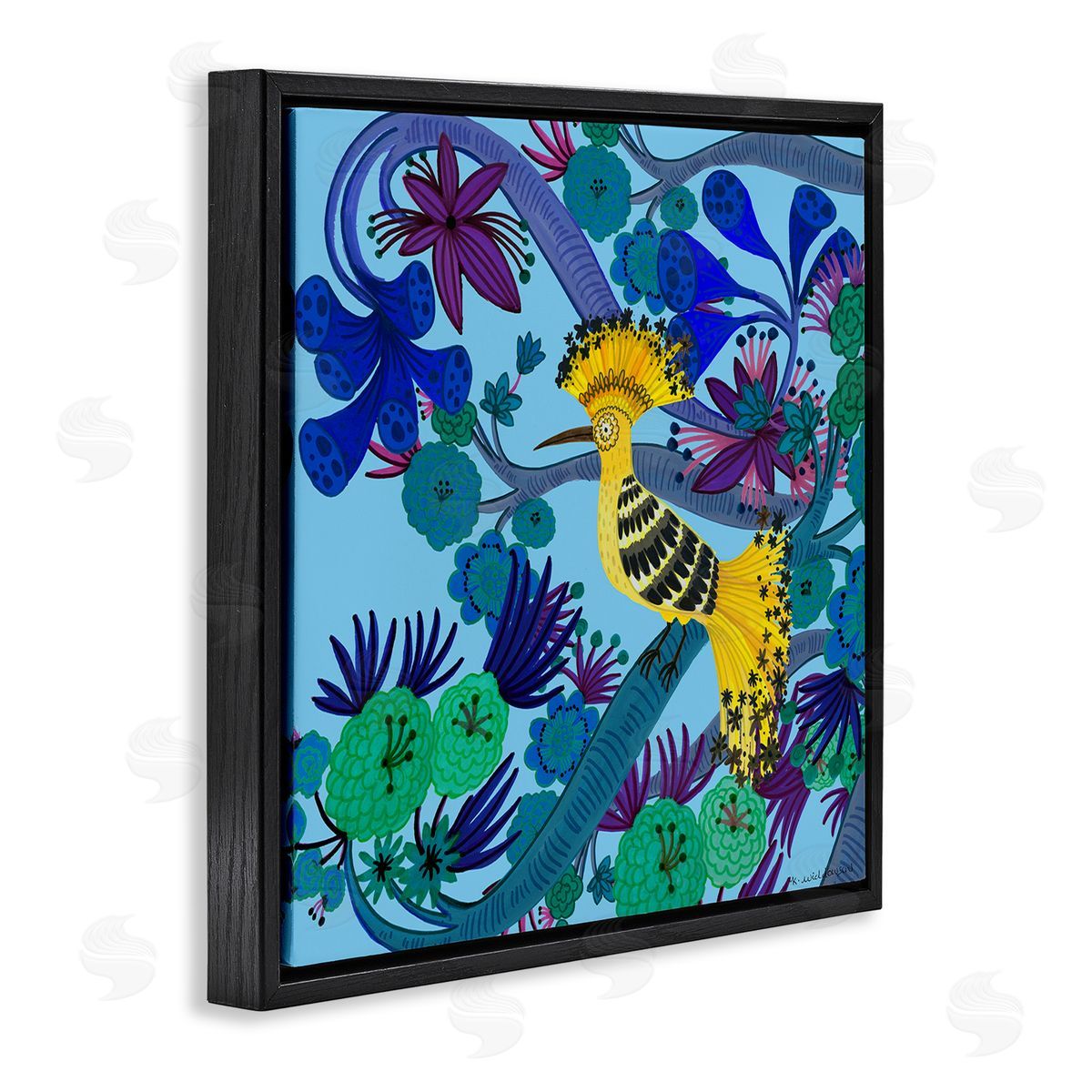 Whimsical Yellow Bird & Flowers Black Floating Frame Canvas Wall Art, Home Decor by Kay Widdowson
