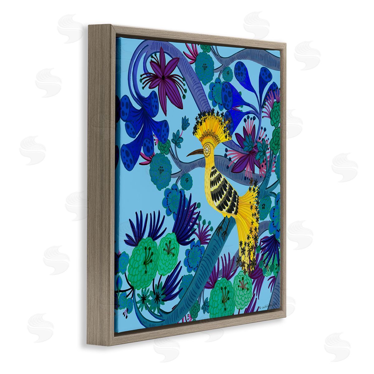 Whimsical Yellow Bird & Flowers Brown Floating Frame Canvas Wall Art, Home Decor by Kay Widdowson