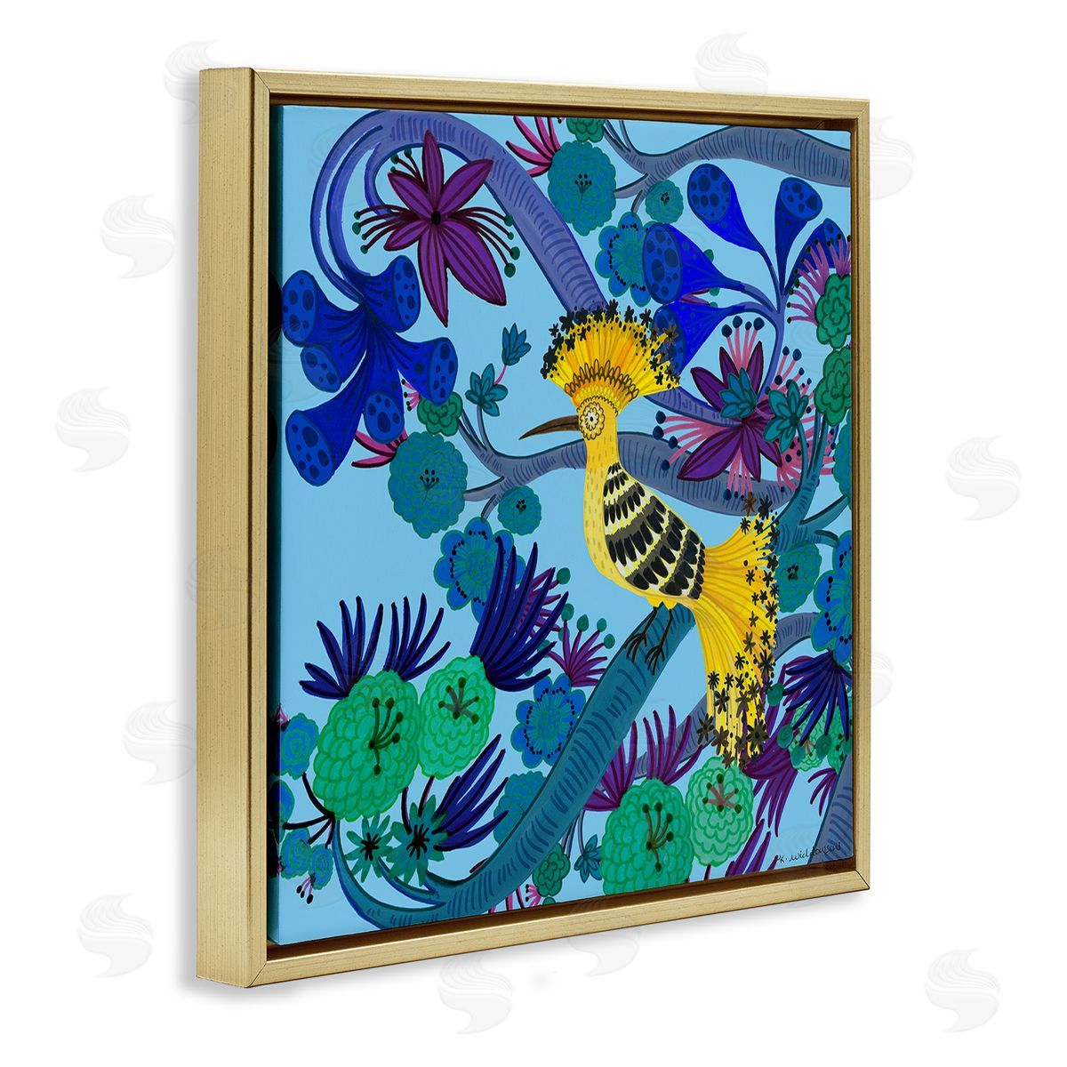 Whimsical Yellow Bird & Flowers Gold Floating Frame Canvas Wall Art, Home Decor by Kay Widdowson
