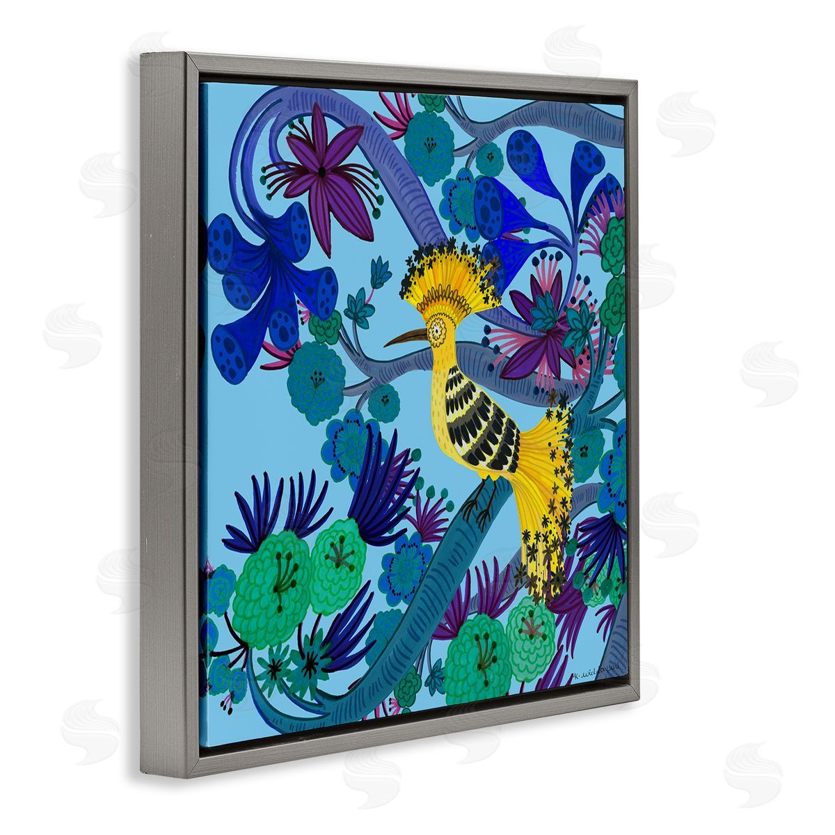 Whimsical Yellow Bird & Flowers Grey Floating Frame Canvas Wall Art, Home Decor by Kay Widdowson