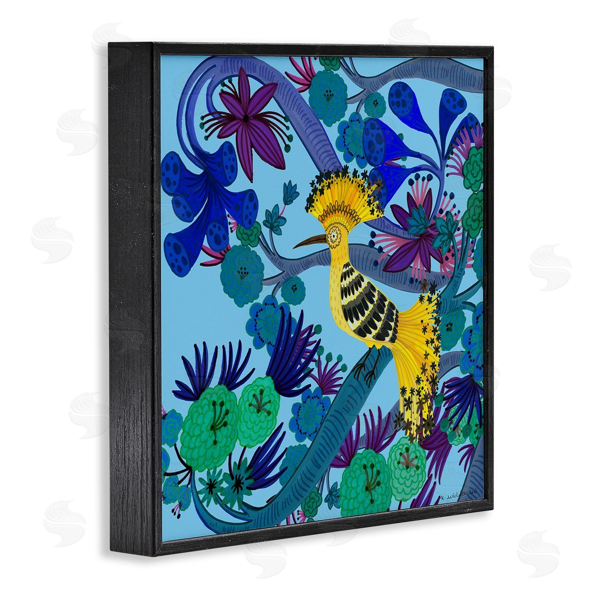 Whimsical Yellow Bird & Flowers Black Frame Print Wall Art, Home Decor by Kay Widdowson