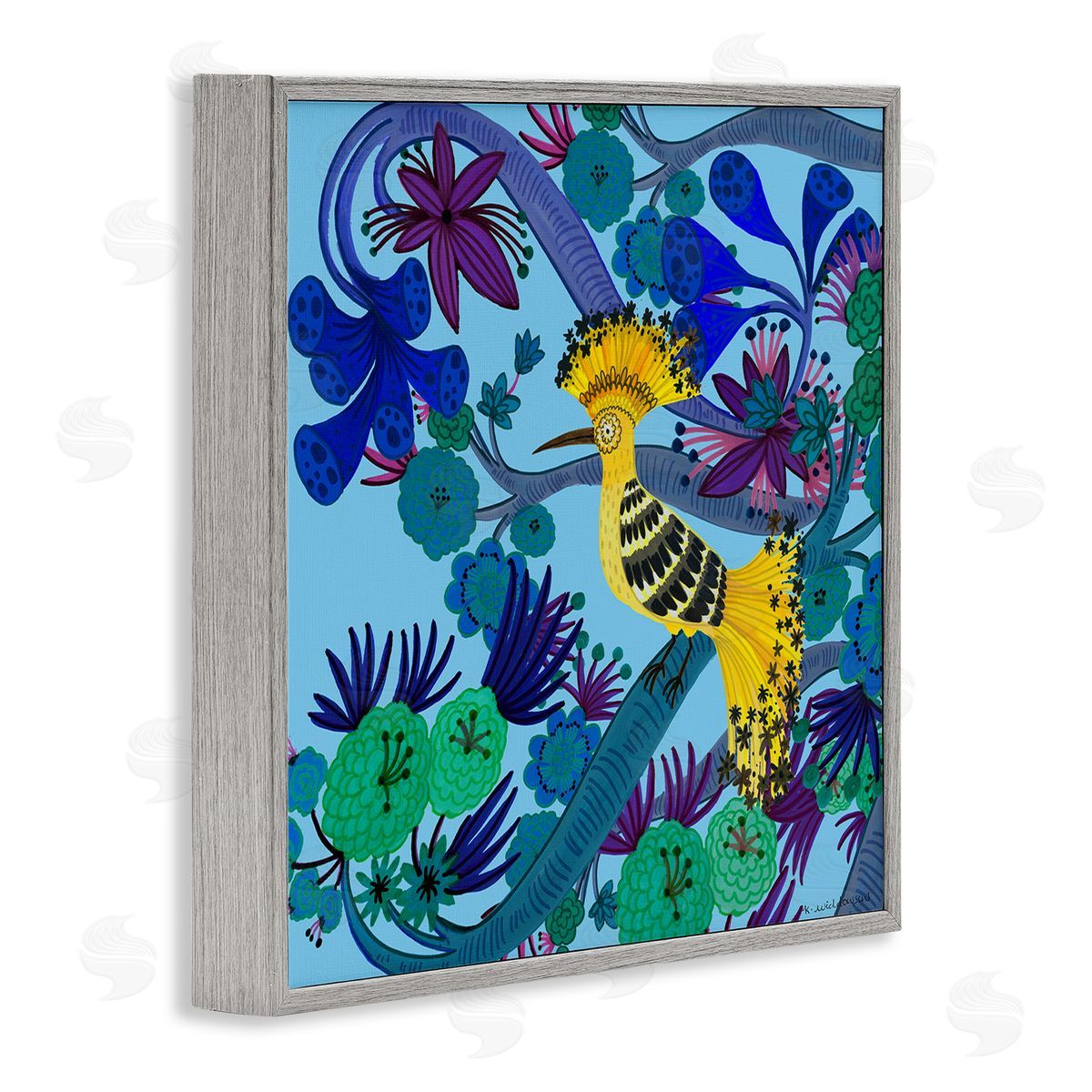 Whimsical Yellow Bird & Flowers Grey Frame Print Wall Art, Home Decor by Kay Widdowson