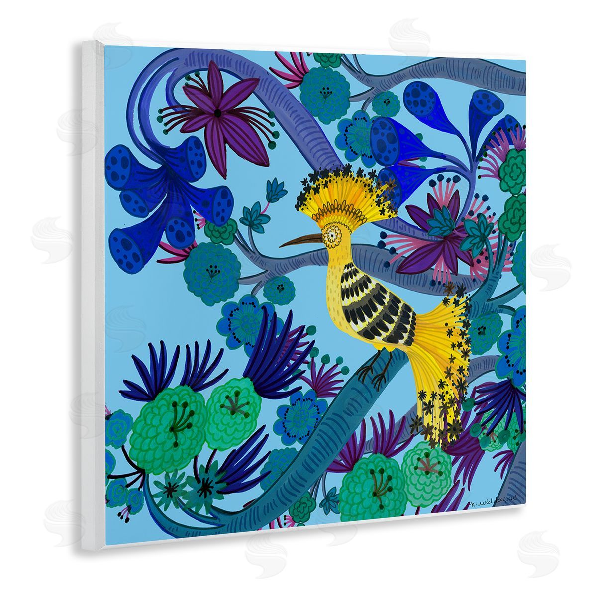 Whimsical Yellow Bird & Flowers Wood Plaque Wall Art, Home Decor by Kay Widdowson