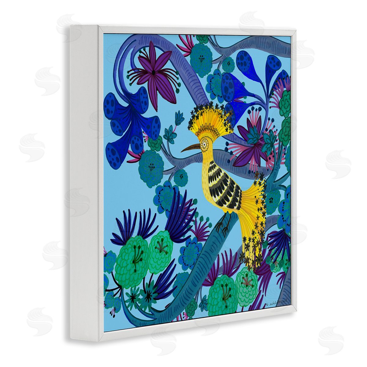 Whimsical Yellow Bird & Flowers White Frame Print Wall Art, Home Decor by Kay Widdowson
