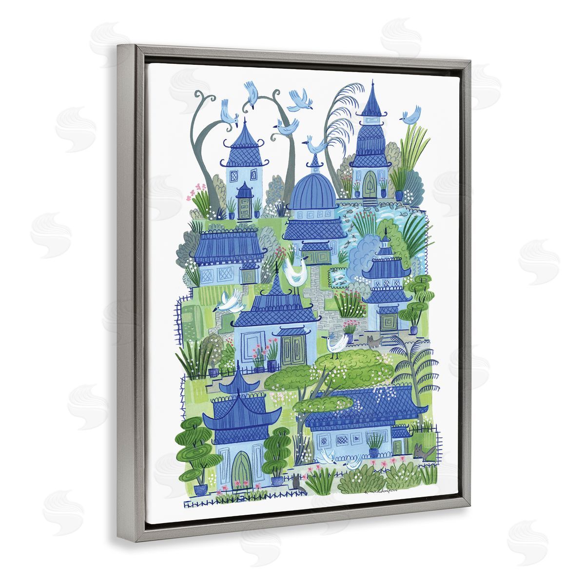 Charming Village Buildings Grey Floating Frame Canvas Wall Art, Home Decor by Kay Widdowson