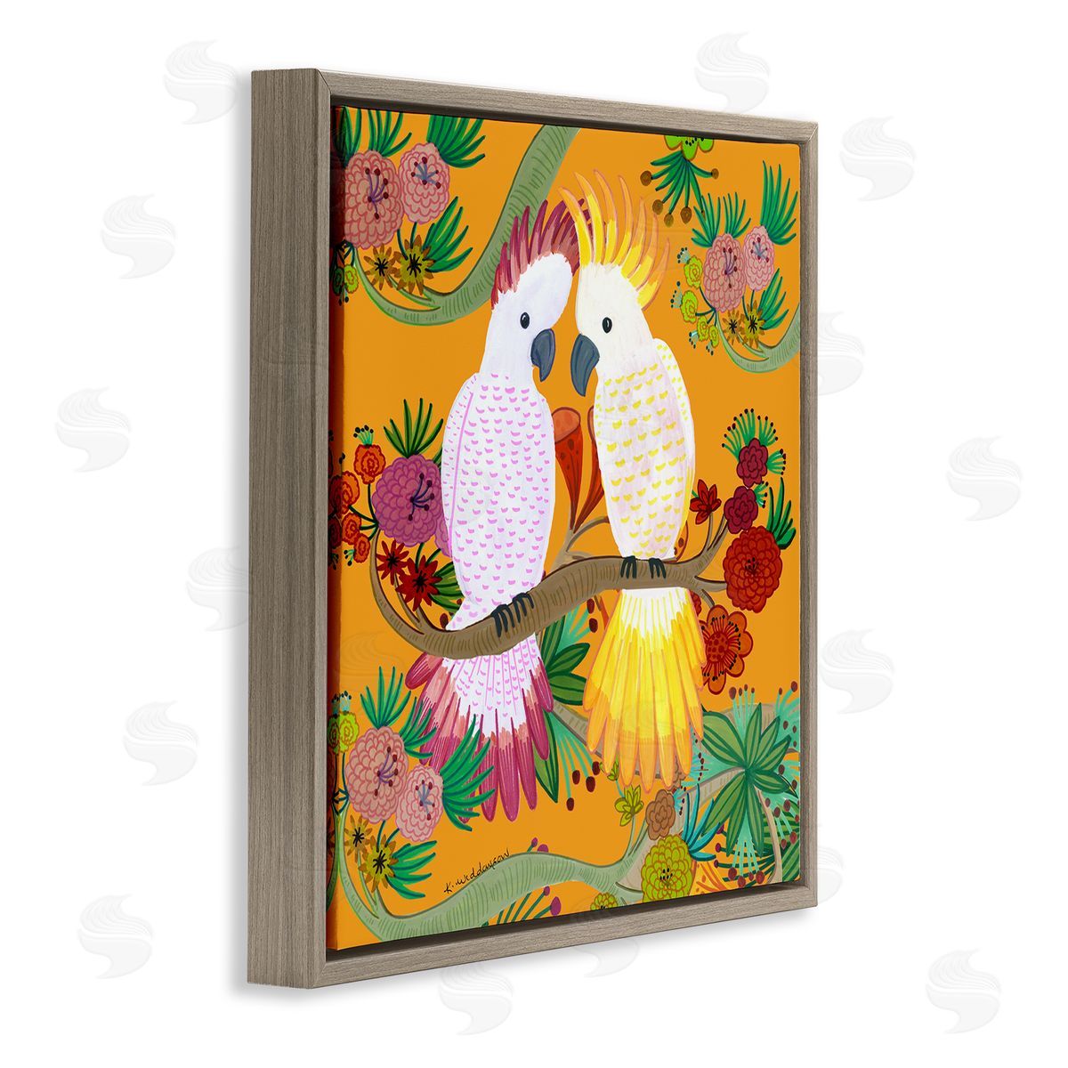 Bright Cockatoos & Foliage Brown Floating Frame Canvas Wall Art, Home Decor by Kay Widdowson