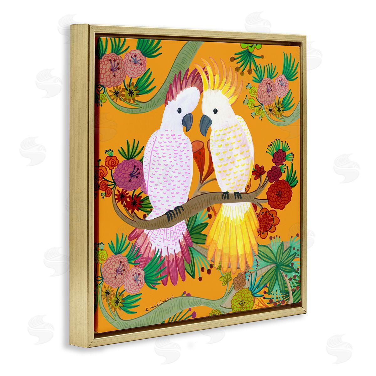 Bright Cockatoos & Foliage Gold Floating Frame Canvas Wall Art, Home Decor by Kay Widdowson