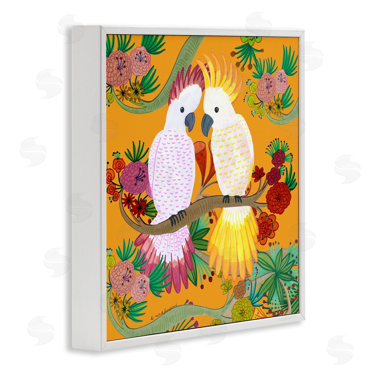 Bright Cockatoos & Foliage White Frame Print Wall Art, Home Decor by Kay Widdowson