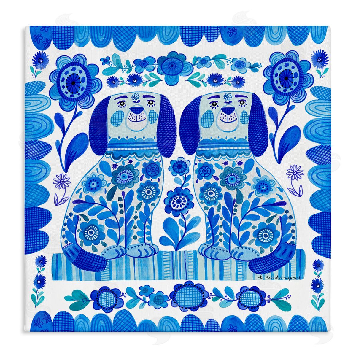 Blue Folk Style Puppies Canvas Wall Art, Home Decor by Kay Widdowson