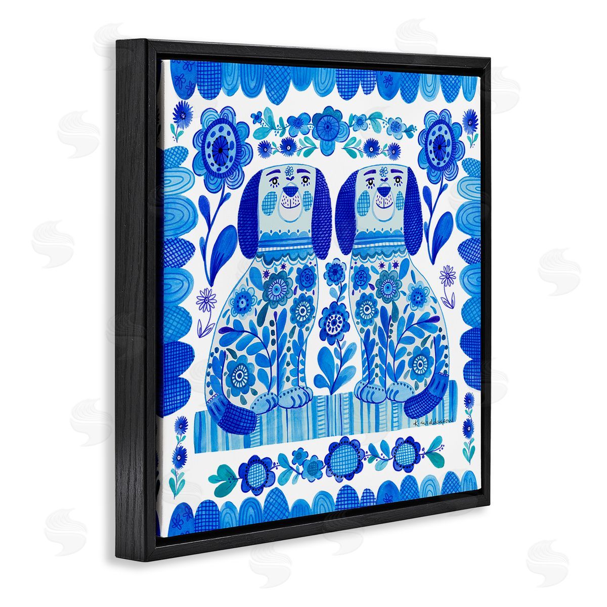 Blue Folk Style Puppies Black Floating Frame Canvas Wall Art, Home Decor by Kay Widdowson
