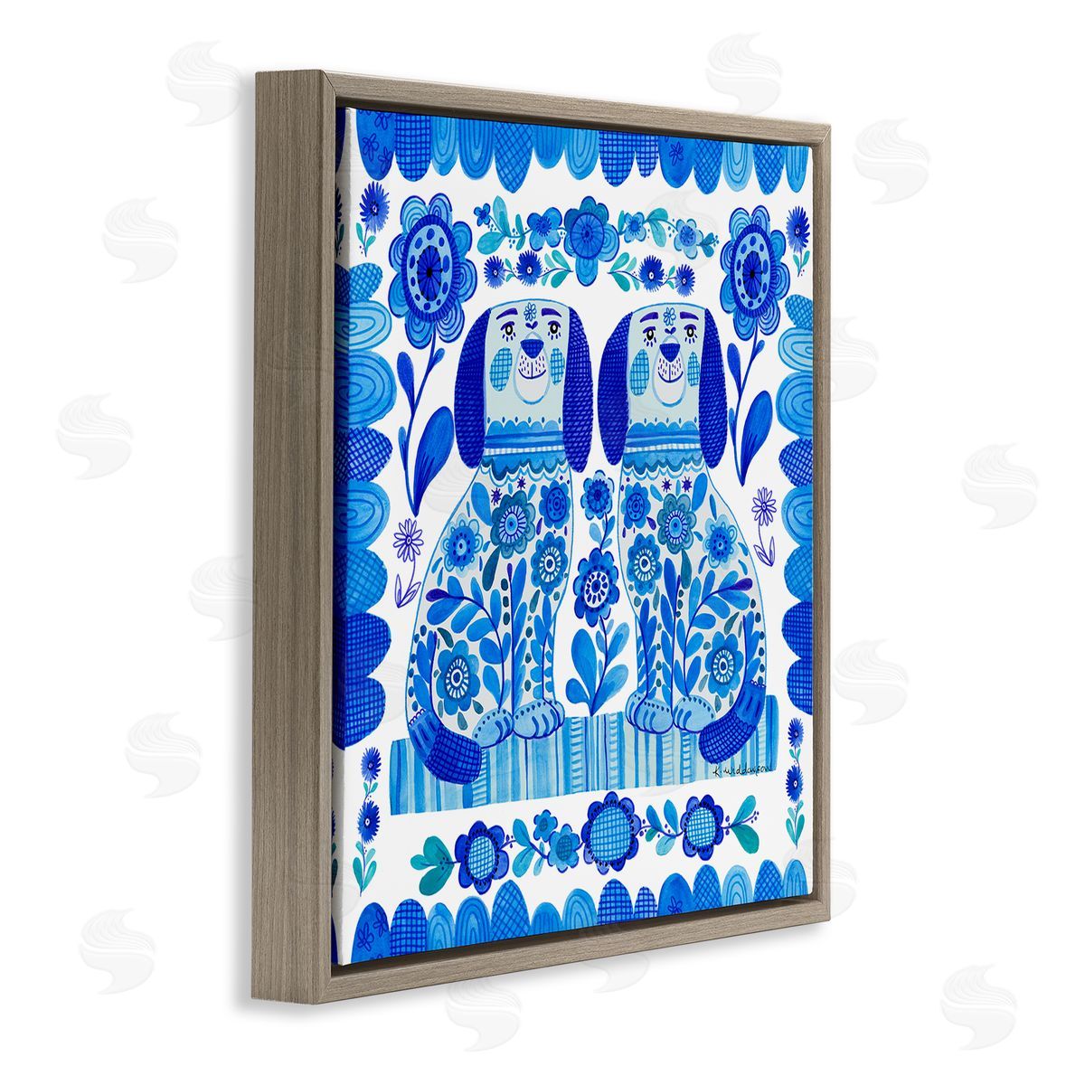 Blue Folk Style Puppies Brown Floating Frame Canvas Wall Art, Home Decor by Kay Widdowson