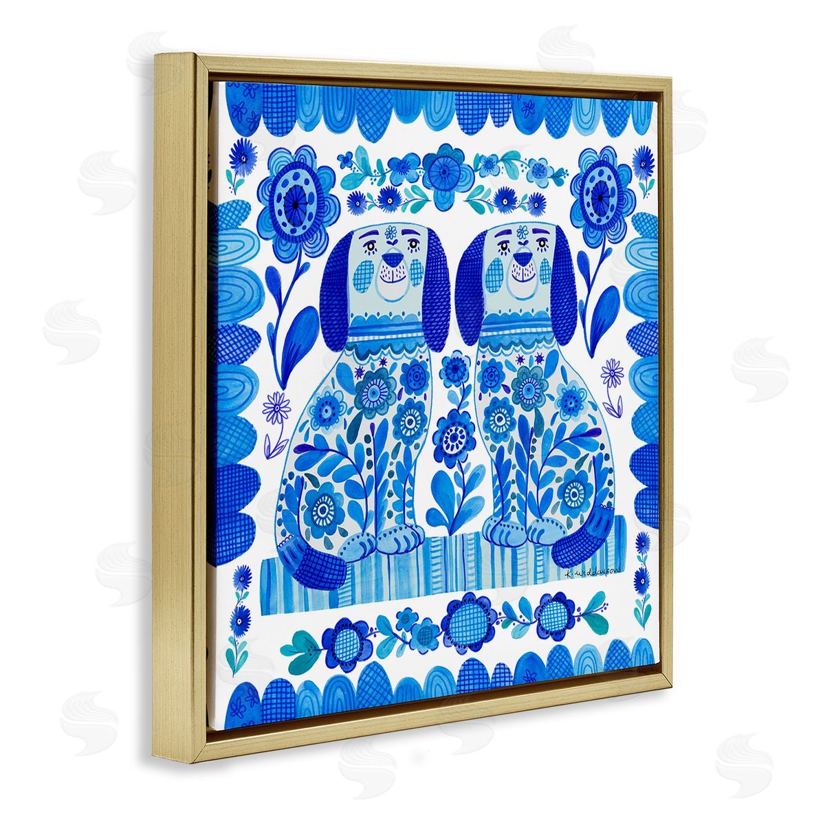 Blue Folk Style Puppies Gold Floating Frame Canvas Wall Art, Home Decor by Kay Widdowson