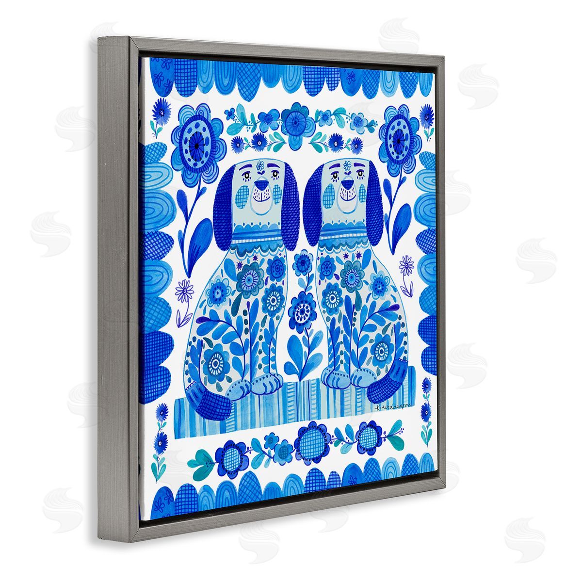 Blue Folk Style Puppies Grey Floating Frame Canvas Wall Art, Home Decor by Kay Widdowson