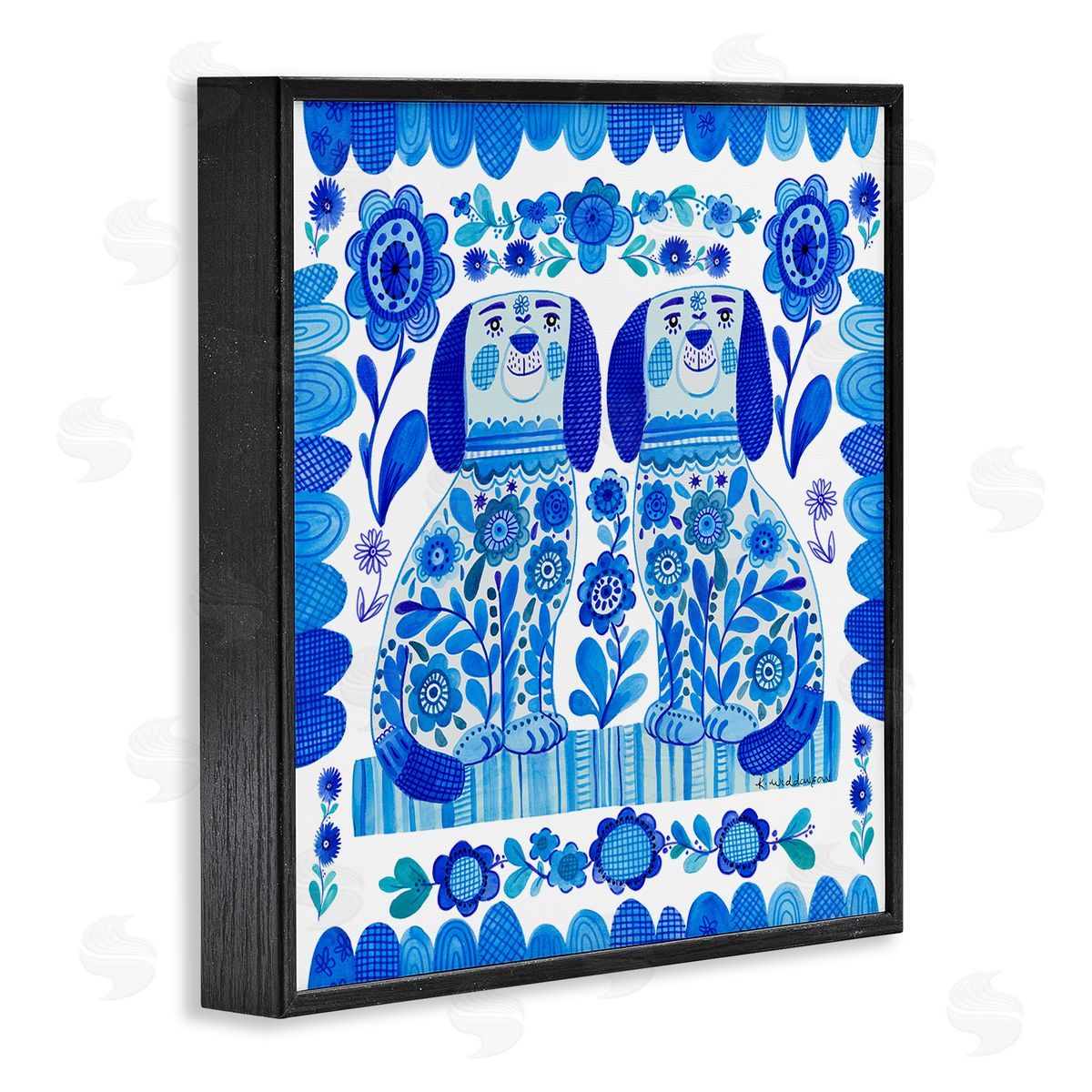Blue Folk Style Puppies Black Frame Print Wall Art, Home Decor by Kay Widdowson