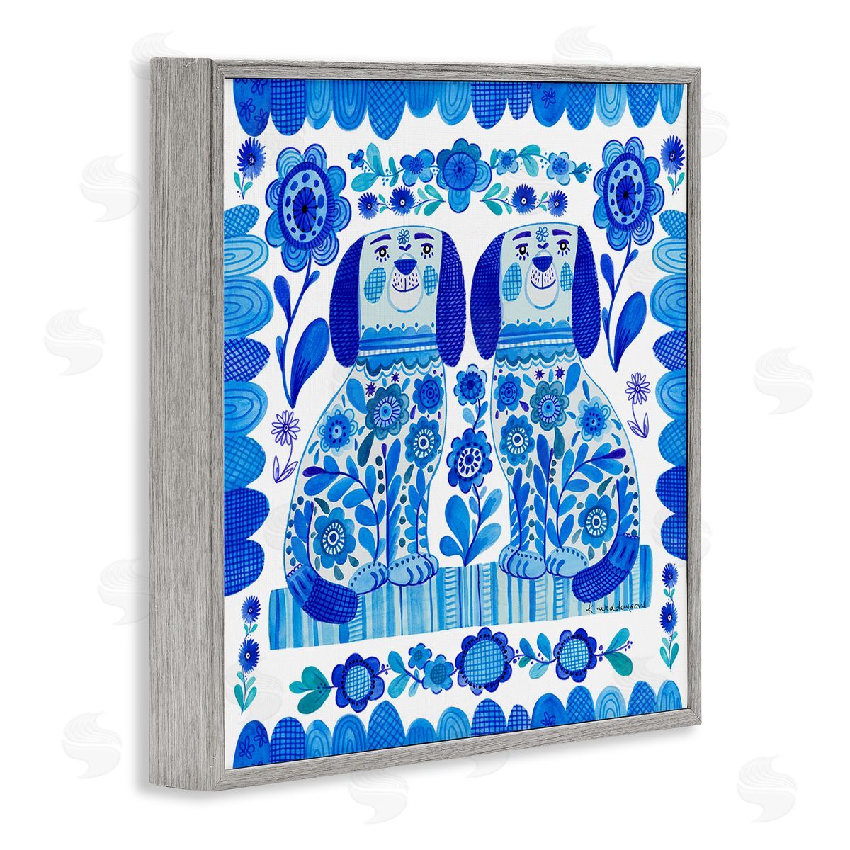 Blue Folk Style Puppies Grey Frame Print Wall Art, Home Decor by Kay Widdowson