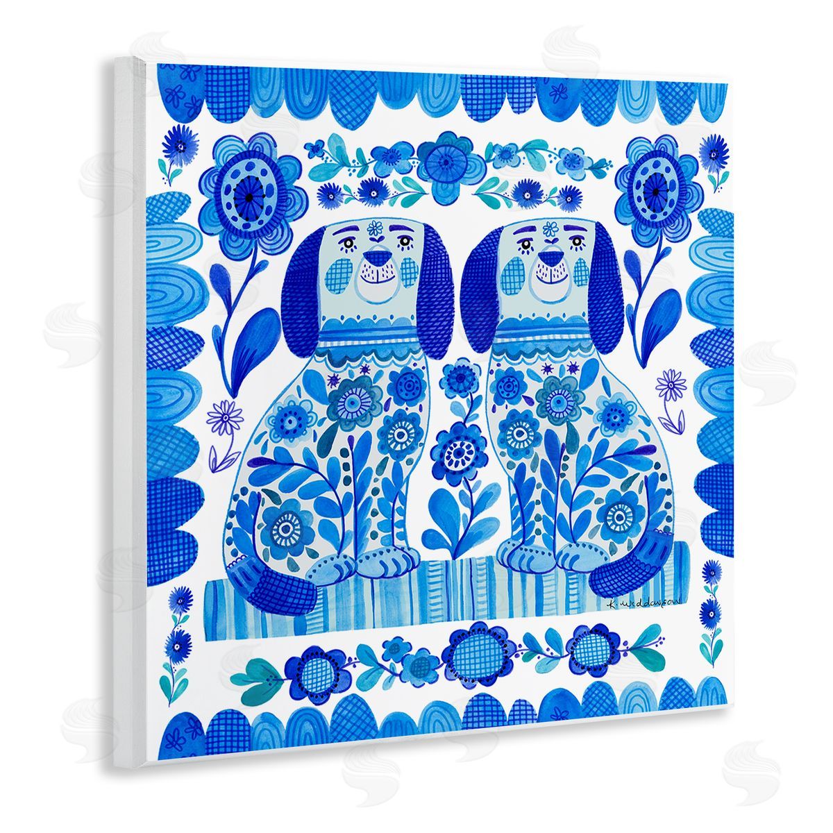 Blue Folk Style Puppies Wood Plaque Wall Art, Home Decor by Kay Widdowson