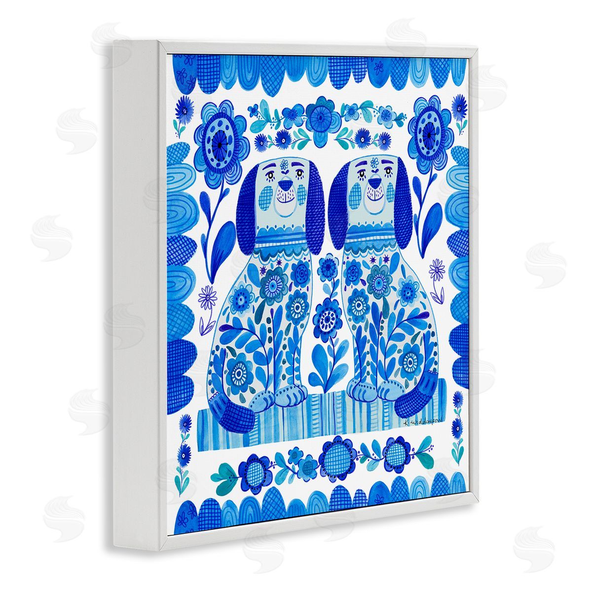 Blue Folk Style Puppies White Frame Print Wall Art, Home Decor by Kay Widdowson