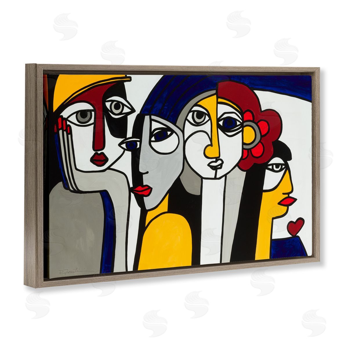 Primary Hues Faces Portrait Brown Floating Frame Canvas Wall Art, Home Decor by Ruth Fromstein