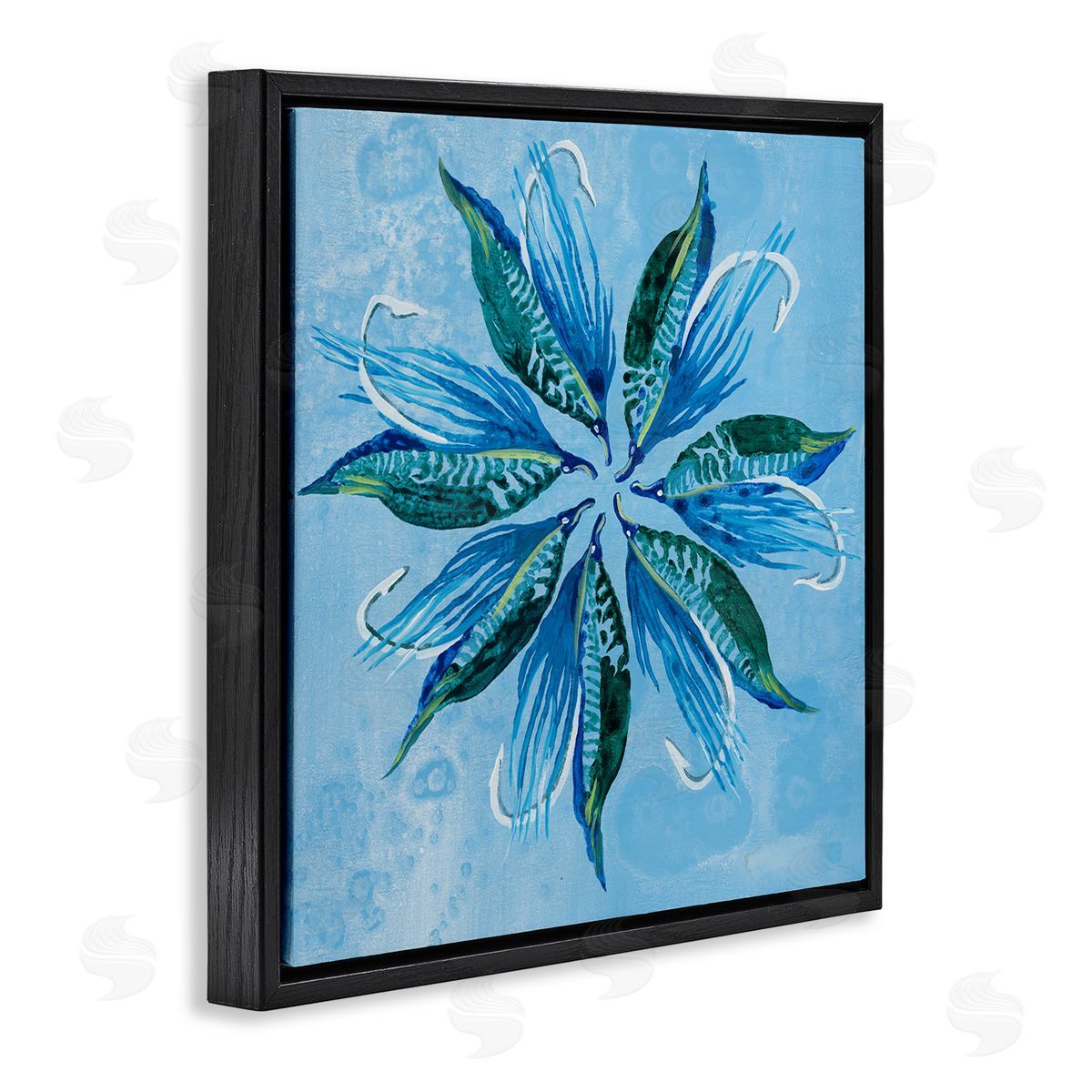 Blue Flower Shape Design Black Floating Frame Canvas Wall Art, Home Decor by Liz Jardine