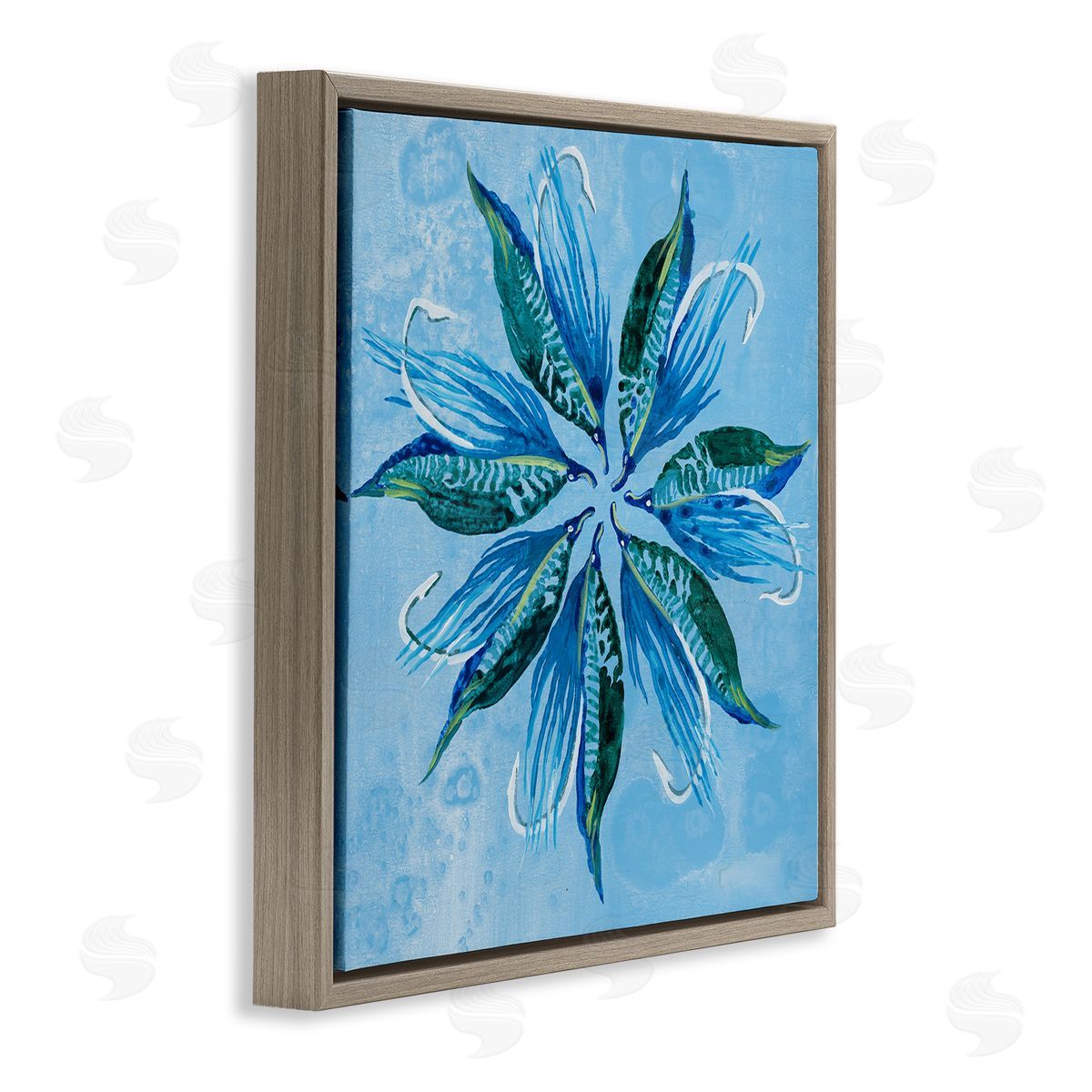 Blue Flower Shape Design Brown Floating Frame Canvas Wall Art, Home Decor by Liz Jardine