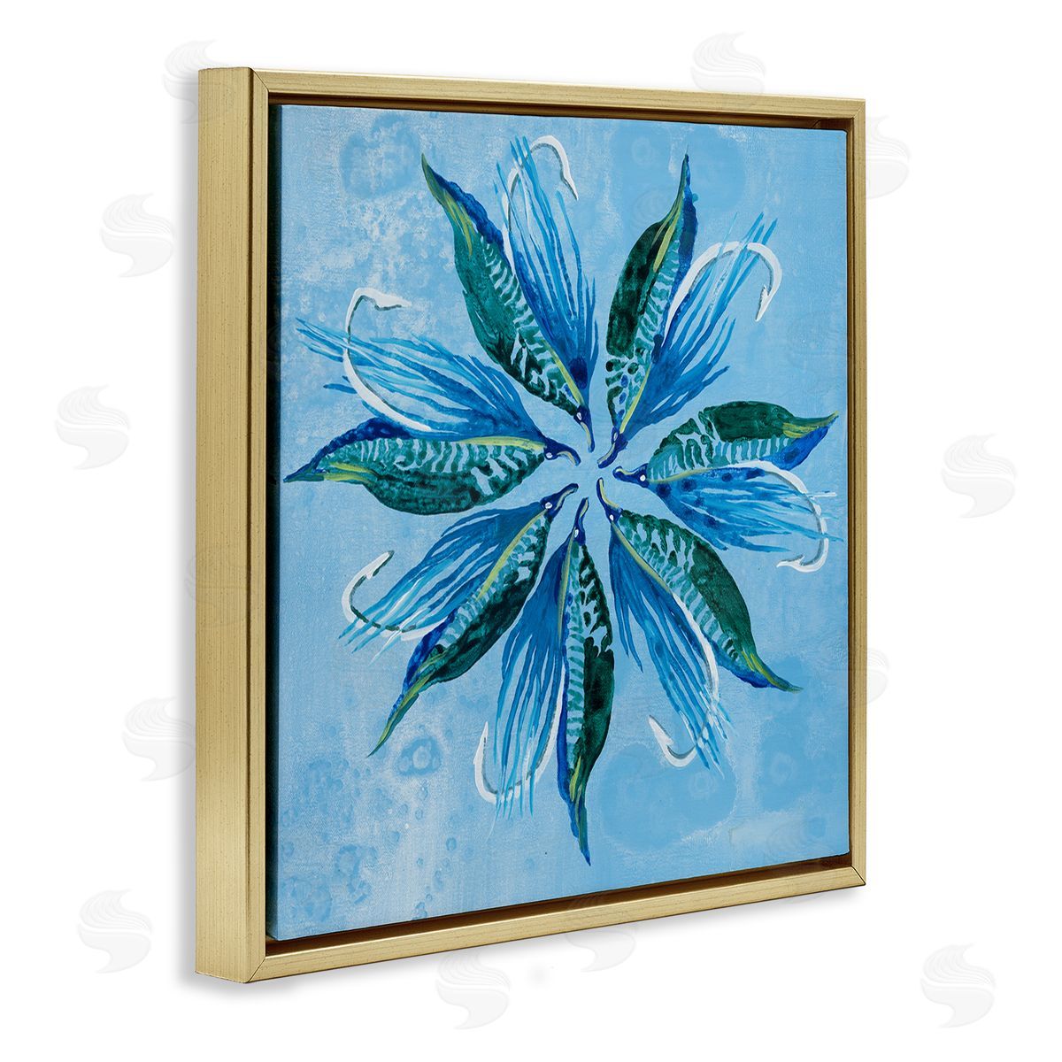 Blue Flower Shape Design Gold Floating Frame Canvas Wall Art, Home Decor by Liz Jardine