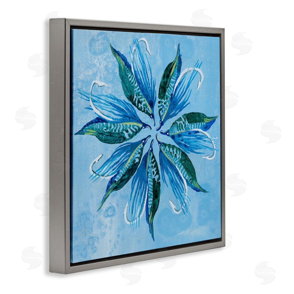 Blue Flower Shape Design Grey Floating Frame Canvas Wall Art, Home Decor by Liz Jardine