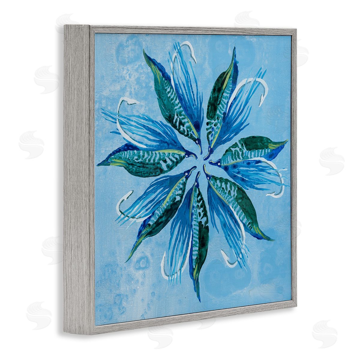 Blue Flower Shape Design Grey Frame Print Wall Art, Home Decor by Liz Jardine